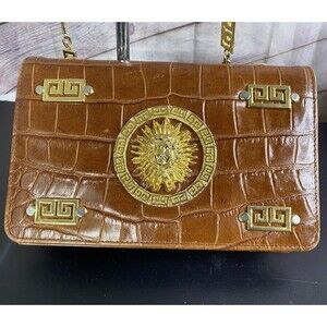 VTG 80’s Cognac Leather Shoulder Bag  Greek Key Chain Strap Medusa Caprice USA
